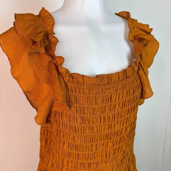 Nanette Lepore Top Medium Orange Ruffle Flutter Sleeve Smocked Peplum Blouse - Picture 2 of 8